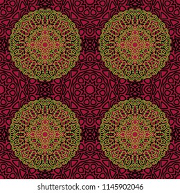 Damask Seamless Pattern. Ethnic Rapport for Textile, Fabric, Wallpaper. Seamless Background with Lacy Grid made of Mandalas. Green Orient Texture