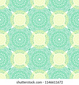 Damask Seamless Pattern. Ethnic Rapport for Textile, Fabric, Wallpaper. Seamless Background with Lacy Grid made of Mandalas. Green Orient Texture
