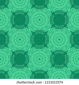 Damask Seamless Pattern. Ethnic Rapport for Textile, Fabric, Wallpaper. Seamless Background with Lacy Grid made of Mandalas. Green Orient Texture