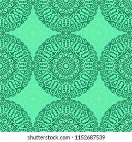 Damask Seamless Pattern. Ethnic Rapport for Textile, Fabric, Wallpaper. Seamless Background with Lacy Grid made of Mandalas. Green Orient Texture