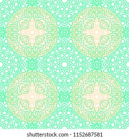Damask Seamless Pattern. Ethnic Rapport for Textile, Fabric, Wallpaper. Seamless Background with Lacy Grid made of Mandalas. Green Orient Texture