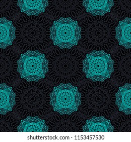 Damask Seamless Pattern. Ethnic Rapport for Textile, Fabric, Wallpaper. Seamless Background with Lacy Grid made of Mandalas. Green Orient Texture