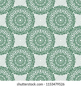 Damask Seamless Pattern. Ethnic Rapport for Textile, Fabric, Wallpaper. Seamless Background with Lacy Grid made of Mandalas. Green Orient Texture