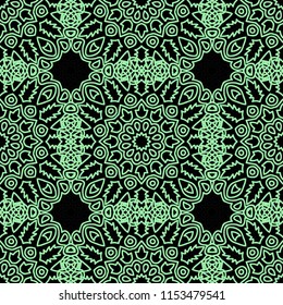 Damask Seamless Pattern. Ethnic Rapport for Textile, Fabric, Wallpaper. Seamless Background with Lacy Grid made of Mandalas. Green Orient Texture
