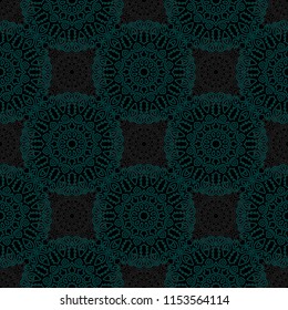 Damask Seamless Pattern. Ethnic Rapport for Textile, Fabric, Wallpaper. Seamless Background with Lacy Grid made of Mandalas. Green Orient Texture