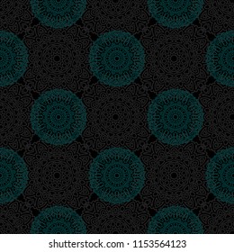 Damask Seamless Pattern. Ethnic Rapport for Textile, Fabric, Wallpaper. Seamless Background with Lacy Grid made of Mandalas. Green Orient Texture