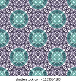 Damask Seamless Pattern. Ethnic Rapport for Textile, Fabric, Wallpaper. Seamless Background with Lacy Grid made of Mandalas. Green Orient Texture