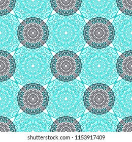 Damask Seamless Pattern. Ethnic Rapport for Textile, Fabric, Wallpaper. Seamless Background with Lacy Grid made of Mandalas. Green Orient Texture