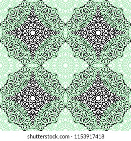 Damask Seamless Pattern. Ethnic Rapport for Textile, Fabric, Wallpaper. Seamless Background with Lacy Grid made of Mandalas. Green Orient Texture
