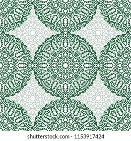 Damask Seamless Pattern. Ethnic Rapport for Textile, Fabric, Wallpaper. Seamless Background with Lacy Grid made of Mandalas. Green Orient Texture