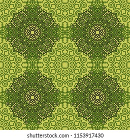Damask Seamless Pattern. Ethnic Rapport for Textile, Fabric, Wallpaper. Seamless Background with Lacy Grid made of Mandalas. Green Orient Texture
