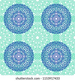 Damask Seamless Pattern. Ethnic Rapport for Textile, Fabric, Wallpaper. Seamless Background with Lacy Grid made of Mandalas. Green Orient Texture