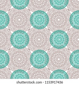 Damask Seamless Pattern. Ethnic Rapport for Textile, Fabric, Wallpaper. Seamless Background with Lacy Grid made of Mandalas. Green Orient Texture