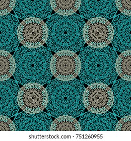 Damask Seamless Pattern. Ethnic Rapport for Textile, Fabric, Wallpaper. Seamless Background with Lacy Grid made of Mandalas. Green Orient Texture