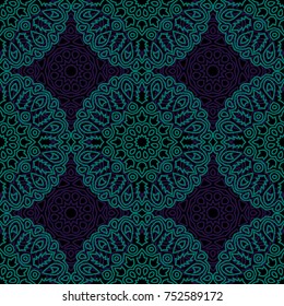 Damask Seamless Pattern. Ethnic Rapport for Textile, Fabric, Wallpaper. Seamless Background with Lacy Grid made of Mandalas. Green Orient Texture
