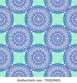 Damask Seamless Pattern. Ethnic Rapport for Textile, Fabric, Wallpaper. Seamless Background with Lacy Grid made of Mandalas. Green Orient Texture