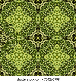 Damask Seamless Pattern. Ethnic Rapport for Textile, Fabric, Wallpaper. Seamless Background with Lacy Grid made of Mandalas. Green Orient Texture