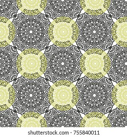 Damask Seamless Pattern. Ethnic Rapport for Textile, Fabric, Wallpaper. Seamless Background with Lacy Grid made of Mandalas. Green Orient Texture