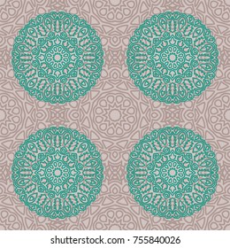 Damask Seamless Pattern. Ethnic Rapport for Textile, Fabric, Wallpaper. Seamless Background with Lacy Grid made of Mandalas. Green Orient Texture