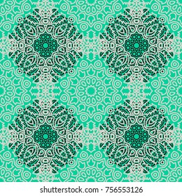 Damask Seamless Pattern. Ethnic Rapport for Textile, Fabric, Wallpaper. Seamless Background with Lacy Grid made of Mandalas. Green Orient Texture