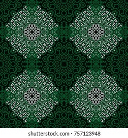 Damask Seamless Pattern. Ethnic Rapport for Textile, Fabric, Wallpaper. Seamless Background with Lacy Grid made of Mandalas. Green Orient Texture