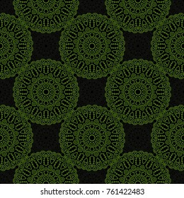 Damask Seamless Pattern. Ethnic Rapport for Textile, Fabric, Wallpaper. Seamless Background with Lacy Grid made of Mandalas. Green Orient Texture