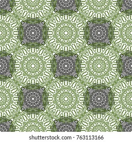Damask Seamless Pattern. Ethnic Rapport for Textile, Fabric, Wallpaper. Seamless Background with Lacy Grid made of Mandalas. Green Orient Texture