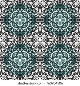 Damask Seamless Pattern. Ethnic Rapport for Textile, Fabric, Wallpaper. Seamless Background with Lacy Grid made of Mandalas. Green Orient Texture
