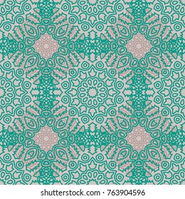 Damask Seamless Pattern. Ethnic Rapport for Textile, Fabric, Wallpaper. Seamless Background with Lacy Grid made of Mandalas. Green Orient Texture