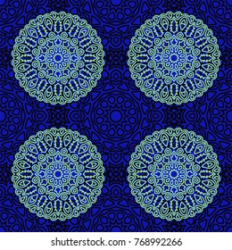 Damask Seamless Pattern. Ethnic Rapport for Textile, Fabric, Wallpaper. Seamless Background with Lacy Grid made of Mandalas. Green Orient Texture