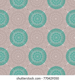 Damask Seamless Pattern. Ethnic Rapport for Textile, Fabric, Wallpaper. Seamless Background with Lacy Grid made of Mandalas. Green Orient Texture