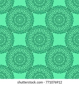 Damask Seamless Pattern. Ethnic Rapport for Textile, Fabric, Wallpaper. Seamless Background with Lacy Grid made of Mandalas. Green Orient Texture