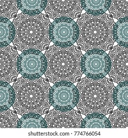 Damask Seamless Pattern. Ethnic Rapport for Textile, Fabric, Wallpaper. Seamless Background with Lacy Grid made of Mandalas. Green Orient Texture
