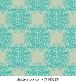 Damask Seamless Pattern. Ethnic Rapport for Textile, Fabric, Wallpaper. Seamless Background with Lacy Grid made of Mandalas. Green Orient Texture