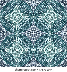 Damask Seamless Pattern. Ethnic Rapport for Textile, Fabric, Wallpaper. Seamless Background with Lacy Grid made of Mandalas. Green Orient Texture
