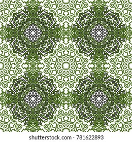 Damask Seamless Pattern. Ethnic Rapport for Textile, Fabric, Wallpaper. Seamless Background with Lacy Grid made of Mandalas. Green Orient Texture