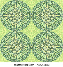 Damask Seamless Pattern. Ethnic Rapport for Textile, Fabric, Wallpaper. Seamless Background with Lacy Grid made of Mandalas. Green Orient Texture