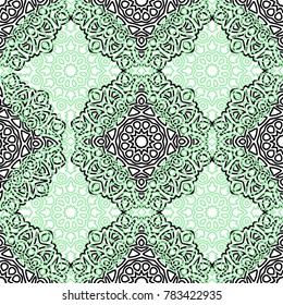 Damask Seamless Pattern. Ethnic Rapport for Textile, Fabric, Wallpaper. Seamless Background with Lacy Grid made of Mandalas. Green Orient Texture