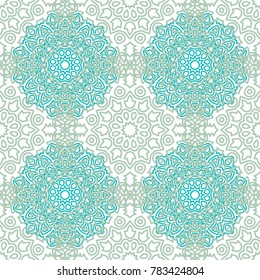 Damask Seamless Pattern. Ethnic Rapport for Textile, Fabric, Wallpaper. Seamless Background with Lacy Grid made of Mandalas. Green Orient Texture