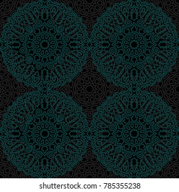 Damask Seamless Pattern. Ethnic Rapport for Textile, Fabric, Wallpaper. Seamless Background with Lacy Grid made of Mandalas. Green Orient Texture