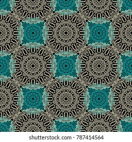 Damask Seamless Pattern. Ethnic Rapport for Textile, Fabric, Wallpaper. Seamless Background with Lacy Grid made of Mandalas. Green Orient Texture