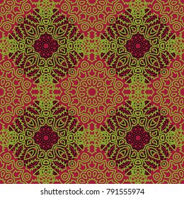 Damask Seamless Pattern. Ethnic Rapport for Textile, Fabric, Wallpaper. Seamless Background with Lacy Grid made of Mandalas. Green Orient Texture