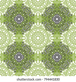 Damask Seamless Pattern. Ethnic Rapport for Textile, Fabric, Wallpaper. Seamless Background with Lacy Grid made of Mandalas. Green Orient Texture