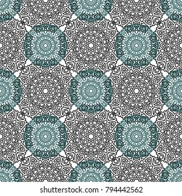 Damask Seamless Pattern. Ethnic Rapport for Textile, Fabric, Wallpaper. Seamless Background with Lacy Grid made of Mandalas. Green Orient Texture