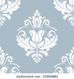 Damask seamless pattern. Fine vector traditional ornament with oriental elements. Blue and white colors