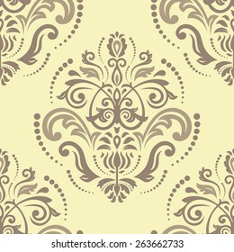 Damask seamless pattern. Fine vector traditional ornament with damask and oriental elements. Brown and beije colors