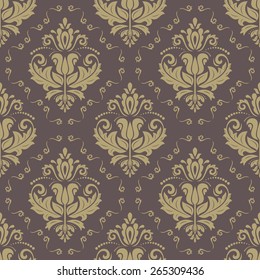 Damask seamless pattern. Fine vector traditional ornament with oriental elements. Brown and golden colors