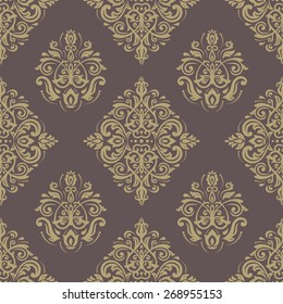 Damask seamless pattern. Fine vector traditional ornament with oriental elements. Brown and golden colors