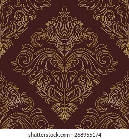 Damask seamless pattern. Fine vector traditional ornament with oriental elements. Brown and golden colors