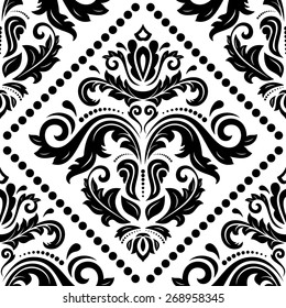 Damask seamless pattern. Fine vector traditional ornament with oriental elements. Black and white colors